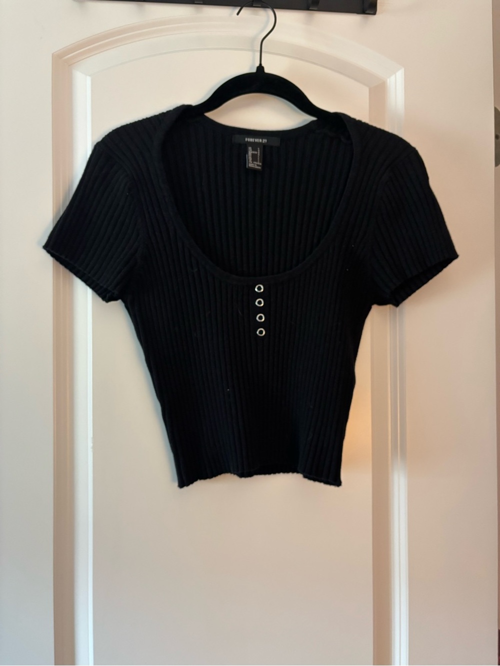 Forever 21 Black Ribbed Cropped Scoop Neck Top with Eyelet Detail